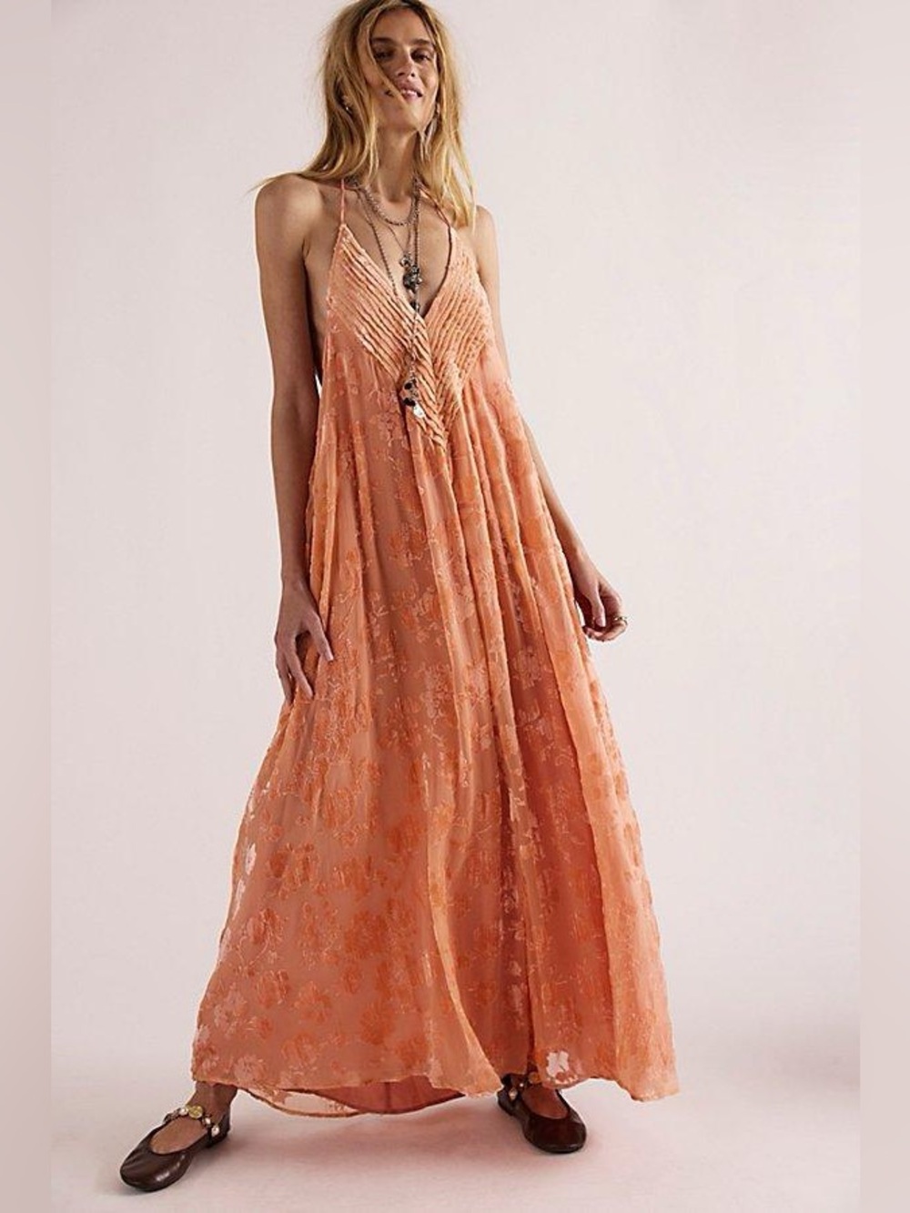 Free People Catalina Velvet Maxi Coral XL Open Back Halter Floral Sundress